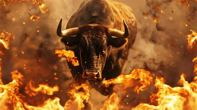 a powerful bull in motion, seemingly running or charging