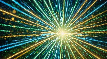 The image shows a burst of light with colors ranging from yellow to green, emanating from a central bright point and spreading outwards into small dots, creating a sense of depth and movement.