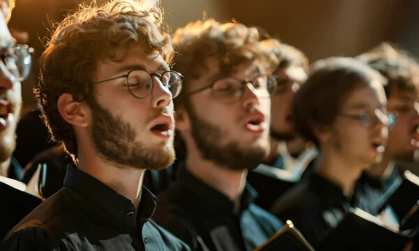 Joyful choir harmonizes sacred hymn in a serene cathedral setting during evening service