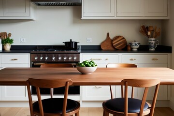 Stylish Wooden Table in Soft Focused Kitchen Setting