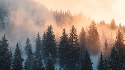 Obraz premium A serene landscape of snow-covered trees shrouded in mist, illuminated by soft morning light.