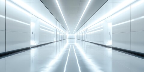 Futuristic white hallway with bright light and reflections.