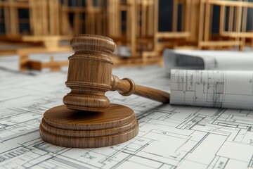 Construction labor law  judge s gavel and legal book on blueprint background in 3d illustration