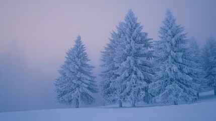 A serene winter landscape featuring snow-covered evergreen trees in a foggy atmosphere.