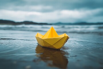 Yellow paper boat changing course  a symbol of leadership, vision, and seizing opportunities