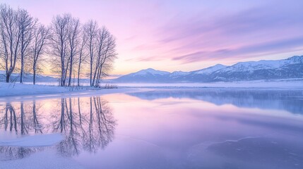 A serene winter landscape featuring trees, mountains, and a reflective frozen lake at sunrise.