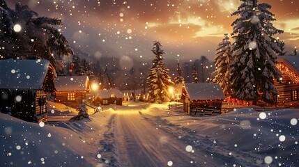 Cozy Winter Village at Sunset with Snow Falling, Holiday Background