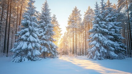 Fototapeta premium A serene winter landscape with snow-covered trees and a warm glow from the sun.