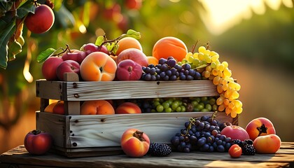 The combination of fresh fruits and wooden boxes shows the rich scene of nature and harvest. The warm sun shines on the fruits, creating a peaceful farmland atmosphere.