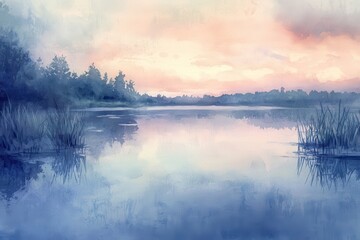 Watercolor Painting of a Serene Lake at Sunset with Silhouetted Trees and Reeds