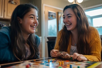 Fototapeta premium Warm and inviting moment mother and daughter bonding over a fun board game filled with laughter