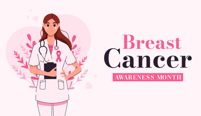 Breast Cancer Awareness Month. Pink ribbon. Malignant tumor. Medical worker. Flat. October. Observation. Health examination. Protecting and supporting women's health. Sarcoma. Mammography. Diagnosis