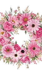 Wreath of watercolor plants, pink flowers and wildflowers;  hand painted isolated illustrations on a white background
