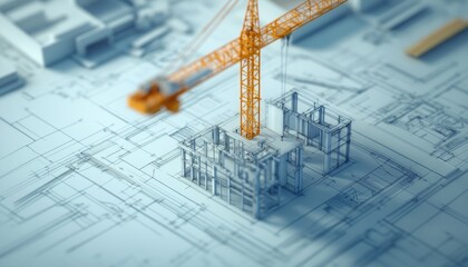 3d building construction blueprint featuring crane  a detailed photography shot of architecture