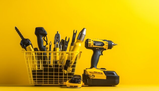 Shopping basket with electric tools  angle grinder, drill, and jigsaw on yellow background