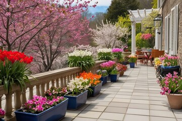 Naklejka premium Vibrant Terrace Filled with Colorful Spring Flowers
