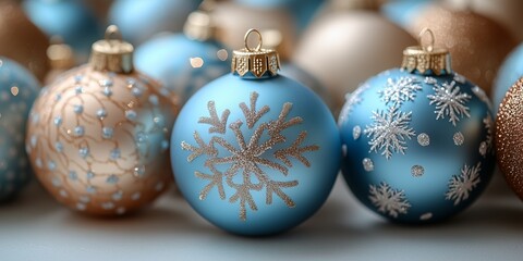 light blue and gold Christmas ornaments baubles pattern with snowflakes on them