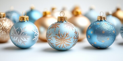 light blue and gold Christmas ornaments baubles pattern with snowflakes on them
