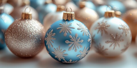light blue and gold Christmas ornaments baubles pattern with snowflakes on them