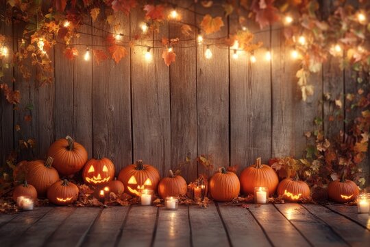 Rustic wooden background with fall and halloween theme featuring pumpkins, lights, and candles