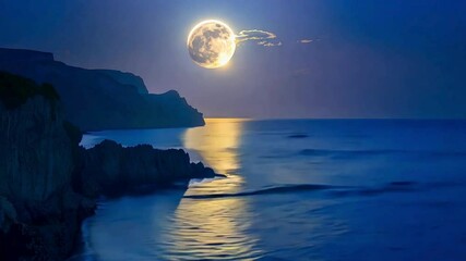 a large, bright full moon over a calm sea at night. The moon appears unusually large, creating a dramatic and almost magical scene