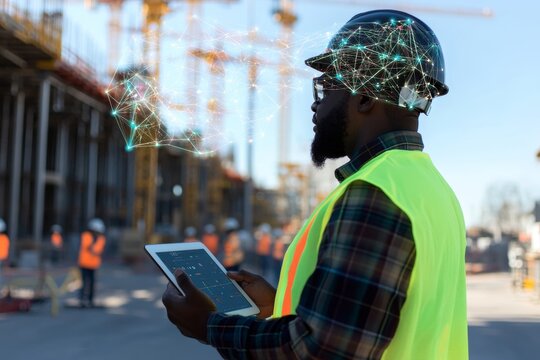 Black construction worker with ipad at modern site featuring holographic digital twin display