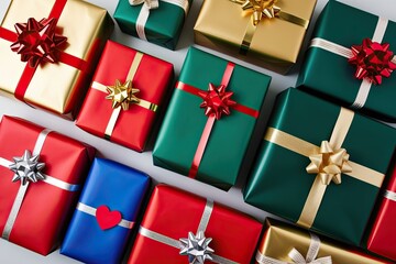 Fototapeta premium Vibrant Collection of Gift Wrapped Presents in Red Green Blue and Gold with Ribbon Bows for Christmas Birthday and Valentine Celebrations