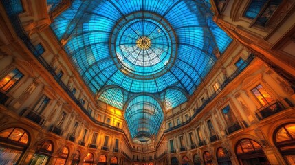 A grand, glass-covered shopping arcade with a blue, domed ceiling.