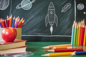 Chalkboard rocket surrounded by books and pencils on school desk with apple, inspiring learning fun