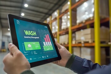 Warehouse worker using digital tablet for inventory management in high tech e commerce setting