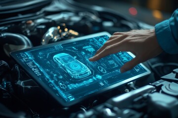 Futuristic mechanic scanning car engine with holographic tablet interface for auto repair concept