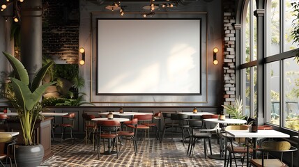 Blank canvas mockup in industrial style cafe interior with red chairs, large windows and brick walls.