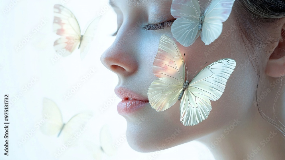 Poster   A close-up of a woman with butterflies on her face and behind her is a white butterfly on her face