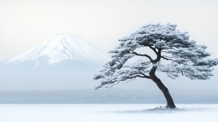 Frosty Tree and Snow-Covered Mount Fuji in a Winter Landscape