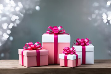 Obraz premium Elegant Pink and White Gift Wrap with Charming Bows on Translucent Background