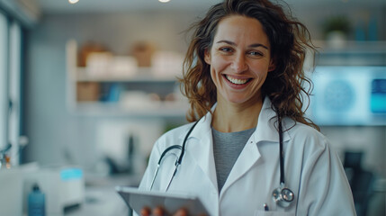 A beautiful happy doctor in a medical uniform