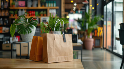 Eco-friendly paper shopping bags filled with potted plants, placed on a wooden table in a stylish, green-conscious retail store.