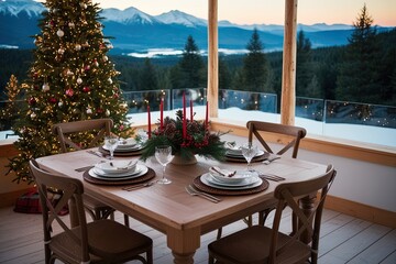 Obraz premium Charming Wooden Table Surrounded by a Magical Holiday Landscape