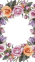 Hand drawn roses flowers frame, circle, floral border, for greeting card, invitation, summer floral ornament, soft color frame, celebration cards, botanical border, soft