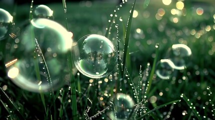   Soap bubbles on green grass with water drops in sunlight