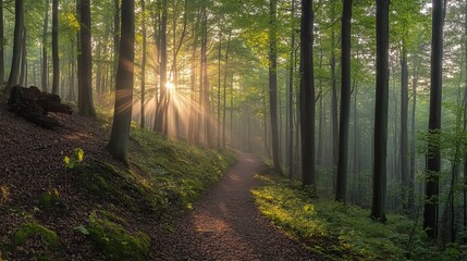 Obraz premium Walking path in Ziegeroda Forest, Saxony-Anhalt, Germany, Europe, as the sun rises through the morning mist. Green beech forest in its natural state 
