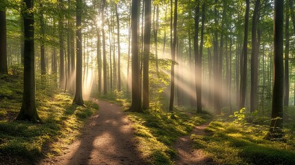 Obraz premium Walking path in Ziegeroda Forest, Saxony-Anhalt, Germany, Europe, as the sun rises through the morning mist. Green beech forest in its natural state 