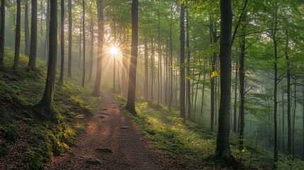Obraz premium Walking path in Ziegeroda Forest, Saxony-Anhalt, Germany, Europe, as the sun rises through the morning mist. Green beech forest in its natural state 