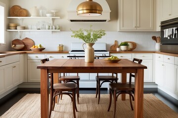 Stylish Wooden Table Featured in Elegant Soft-Focused Kitchen Setting