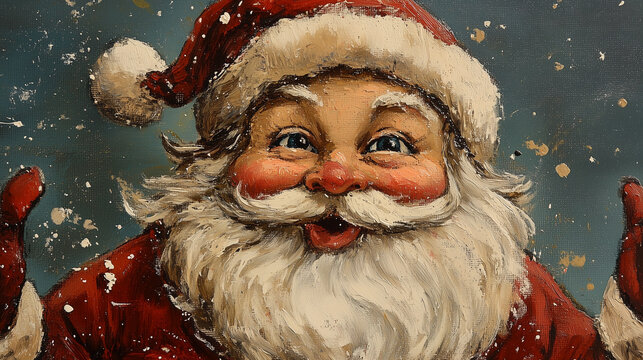 Painting of a Vintage Santa Claus, Smiling and Waving with Snow Falling on his Face.