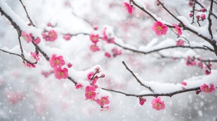 Obraz premium Delicate Pink Plum Blossoms on a Snow-Covered Branch