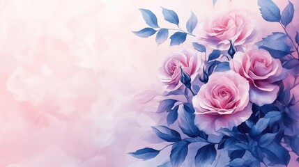 Elegant Watercolor Roses with Blue Leaves on Soft Pink Background - Perfect for Romantic and Floral Themes