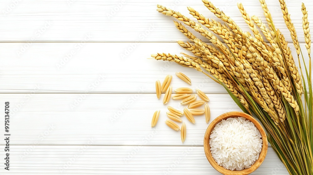 Sticker  A bowl of rice on a white wooden table with wheat stalks