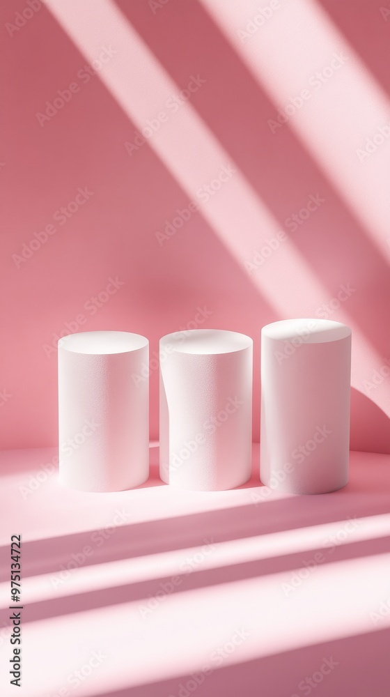 Poster three white cylindrical objects on a pink background with shadows, abstract design concept