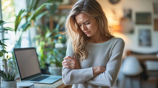 Young Woman Feeling Stressed and Anxious at Home Office with Laptop and Plants in Background